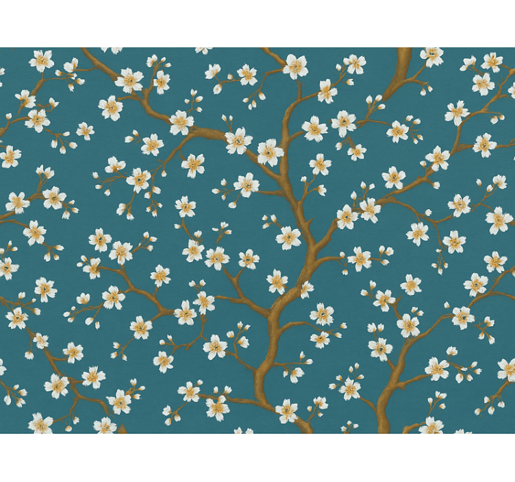 Papel tapiz flores flor dorada en tono teal - TenVinilo