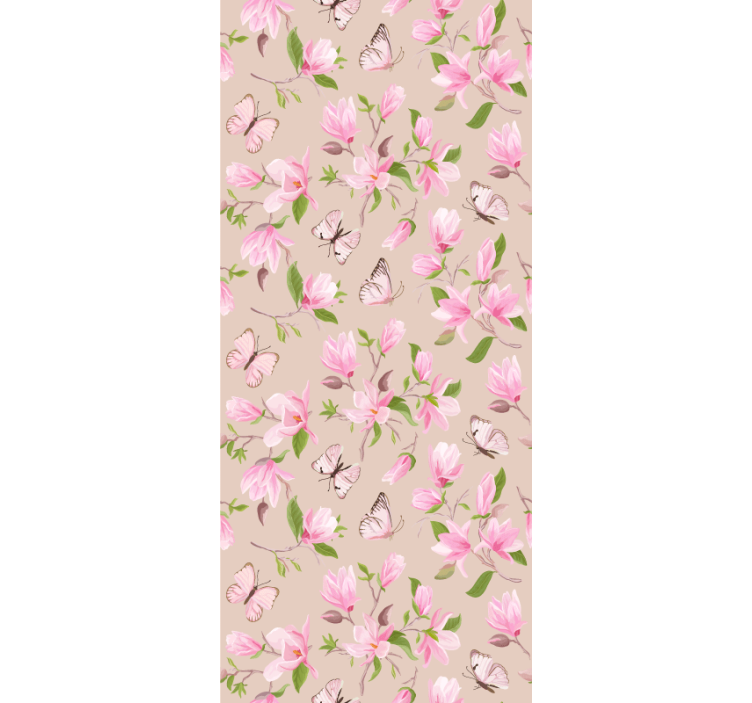 Papel tapiz floral diseño de magnolia rosa y mariposa - TenVinilo