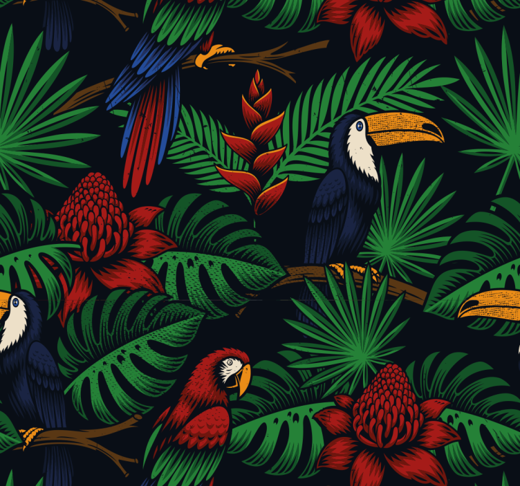 Papel pintado animal Loros plantas selva oscura - TenVinilo