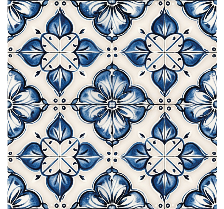 Papel tapiz azulejos patrón floral azul - TenVinilo