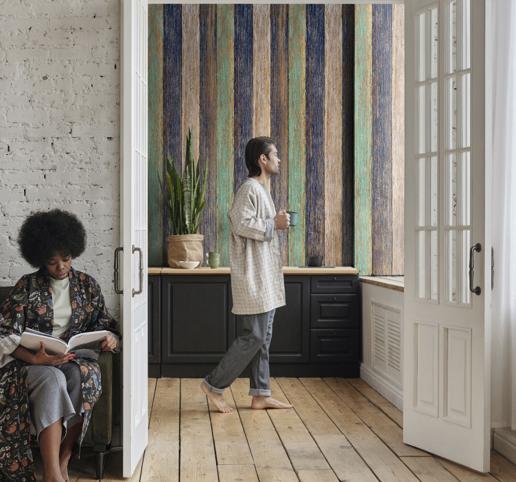 Papel pintado madera laminado azul y marrón - TenVinilo