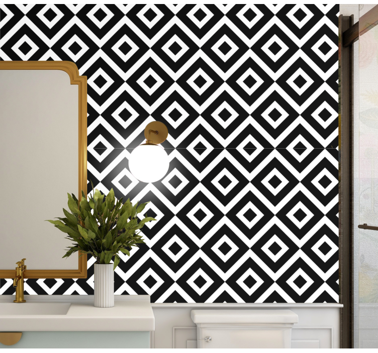Papel pintado baño geométrico blanco y negro - TenVinilo