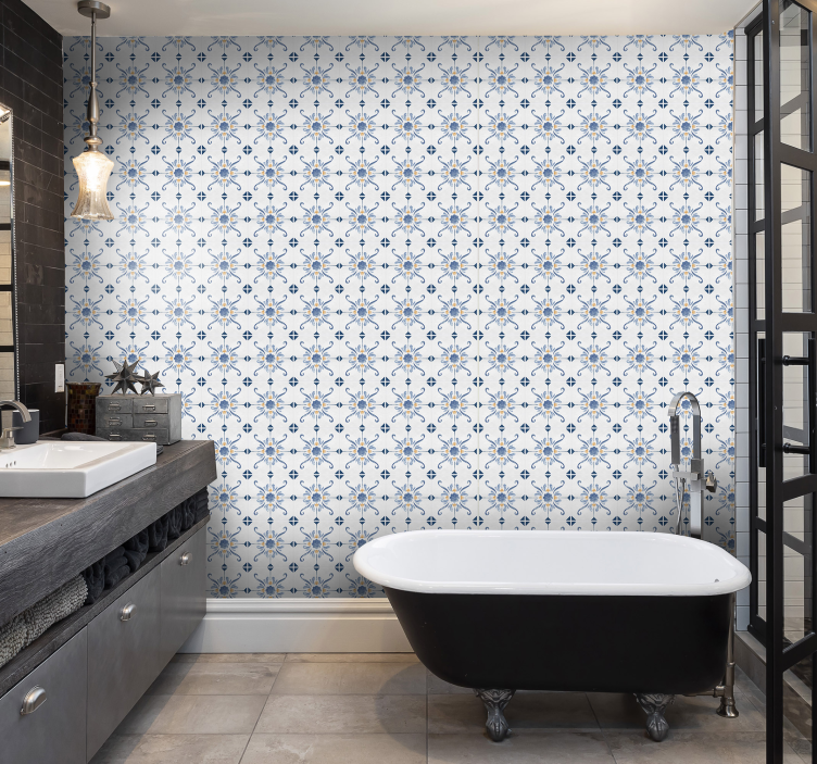 Papel pintado baño azulejo floral - TenVinilo