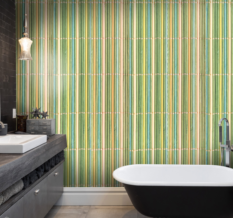 Papel pintado baño verde patrón bambú - TenVinilo