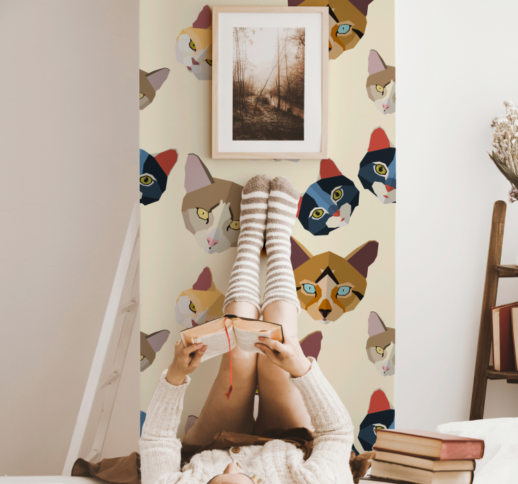 Papel tapiz gatos caras de gato geométricas - TenVinilo