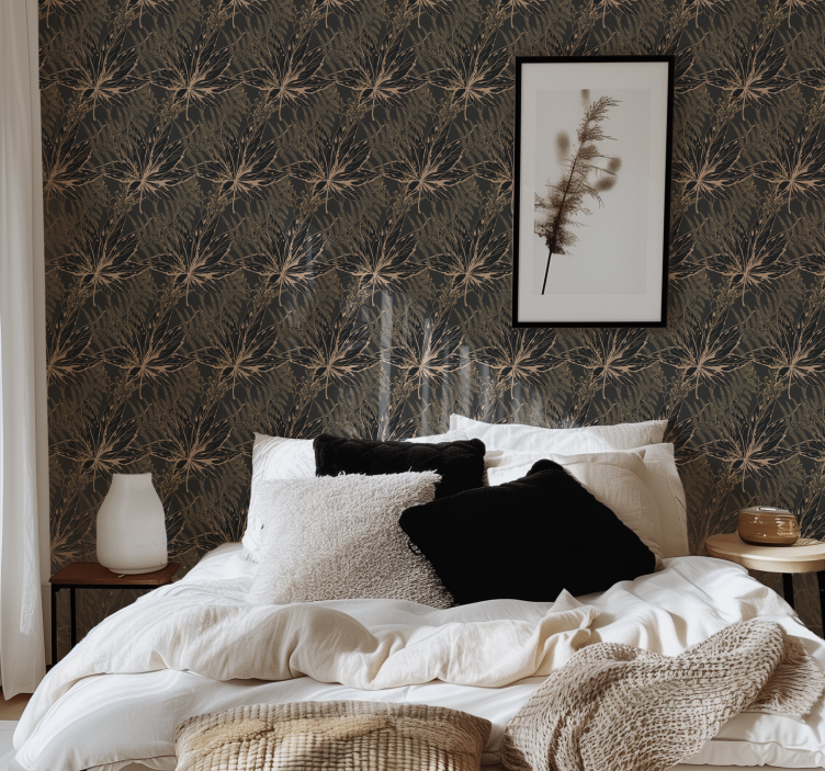 Papel tapiz negro grandes hojas doradas - TenVinilo