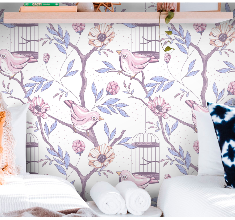 Papel pintado romántico troncos con pájaros - TenVinilo