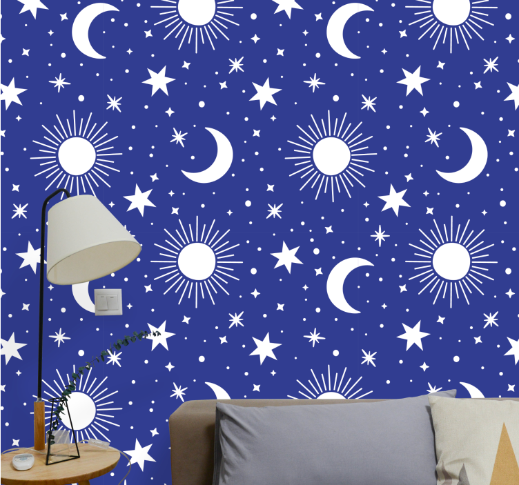 Papel pintado de estrellas Estrellas blancas y lunas fondo azul - TenVinilo