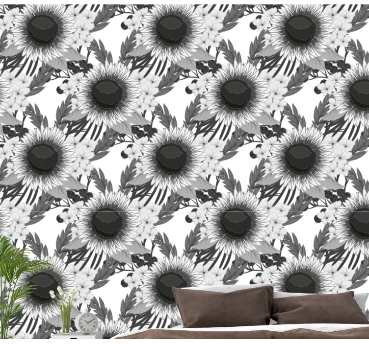 Papel pintado flores Girasoles en blanco y negro - TenVinilo