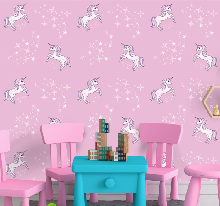 Papel tapiz infantil unicornios rosados estrellados - TenVinilo