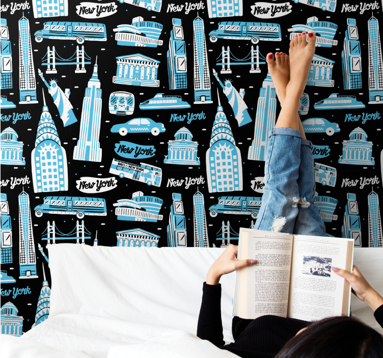 Papel tapiz Nueva York collage de iconos urbanos - TenVinilo