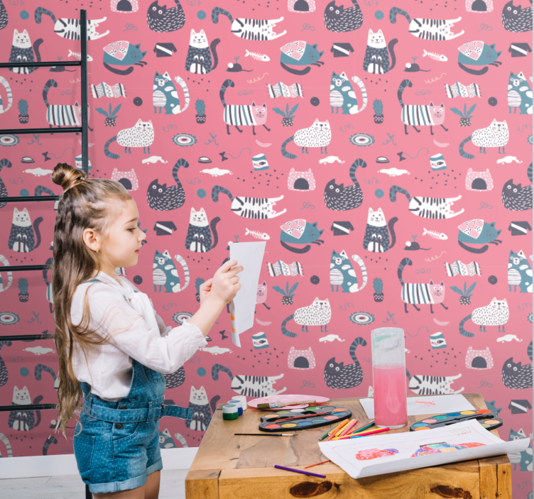 Papel tapiz gatos ilustración de gatos juguetones - TenVinilo