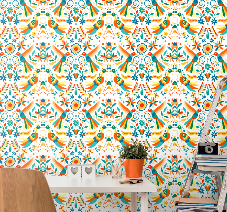 Papel tapiz pájaros patrón tradicional - TenVinilo