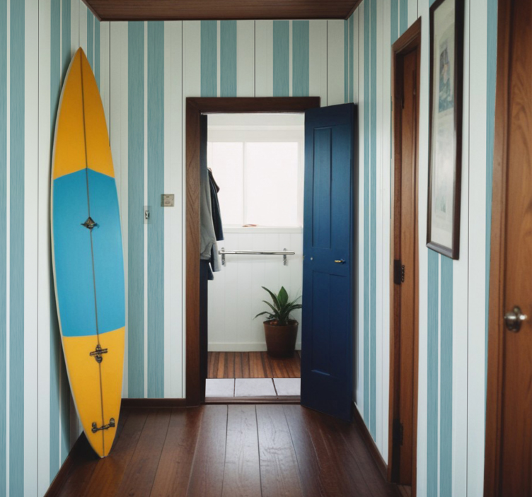 Papel tapiz pasillo rayas tonos turquesa - TenVinilo